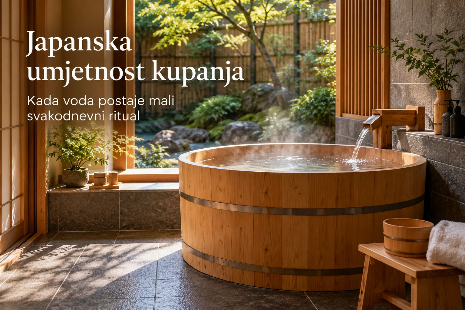 Ilustracija japanske drvene kade uz vrt